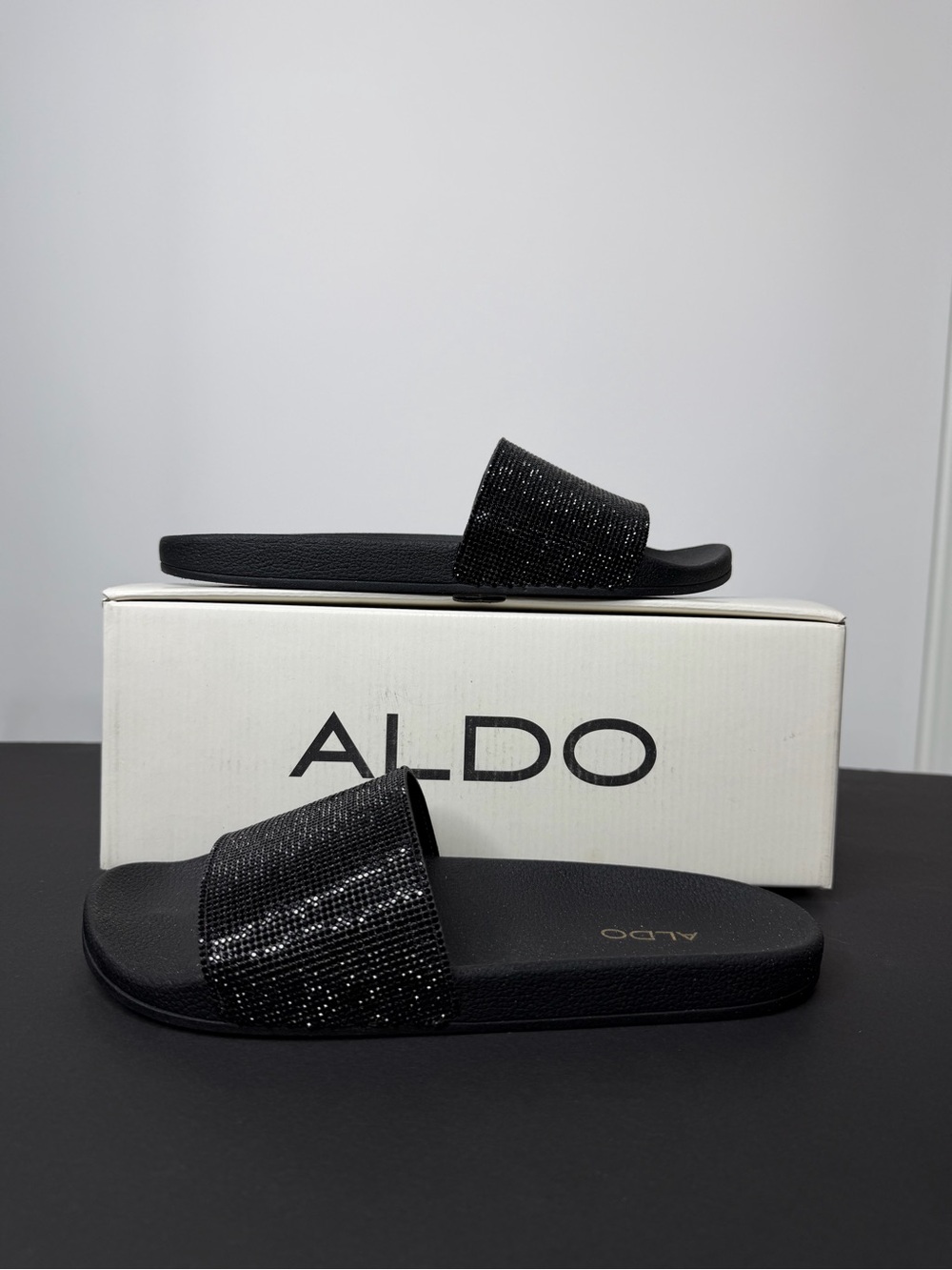 Aldo Black Crystal-Embellished Slide Sandals